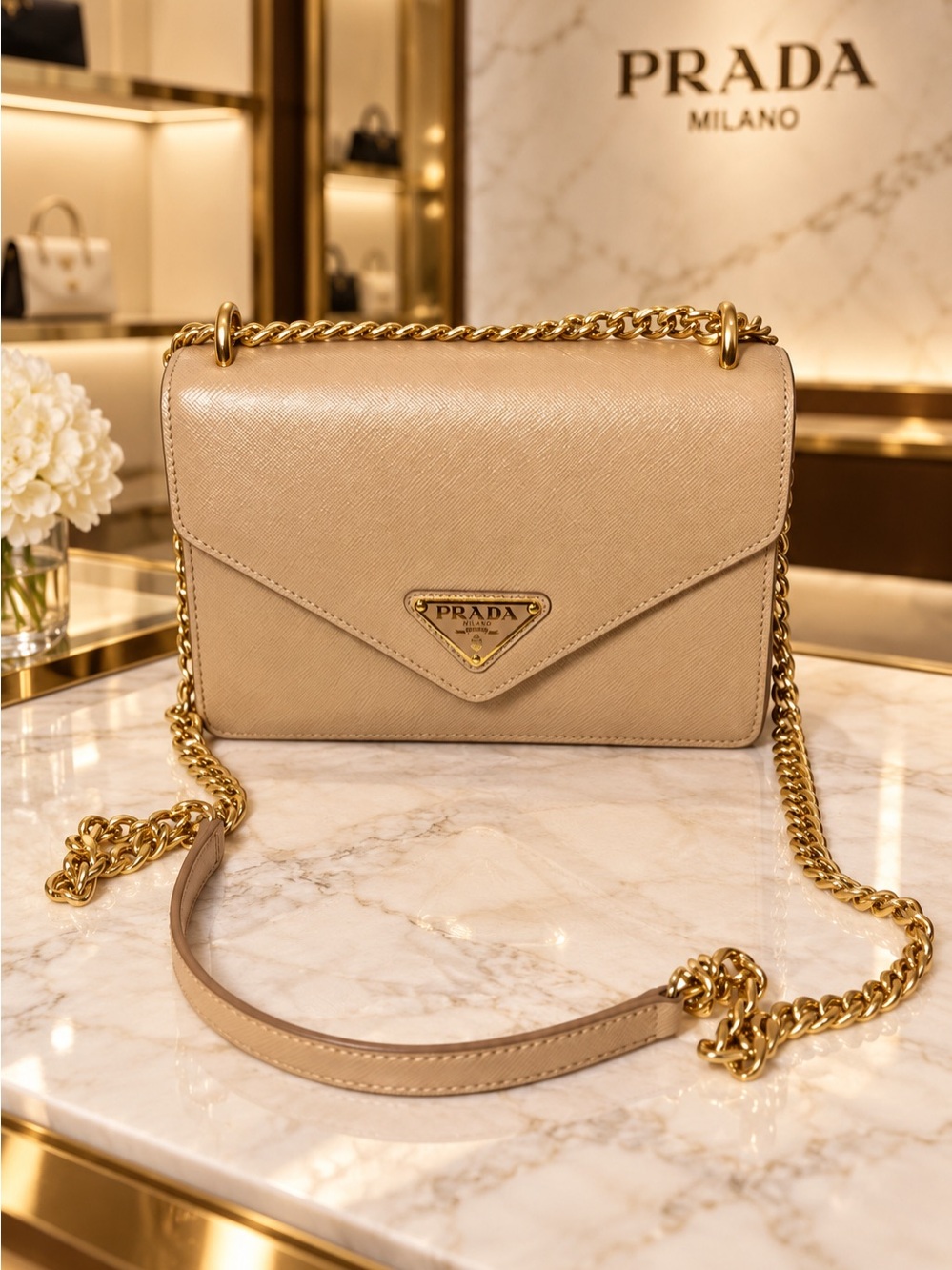 Prada Saffiano Envelope Shoulder Bag Beige – Excellent Condition